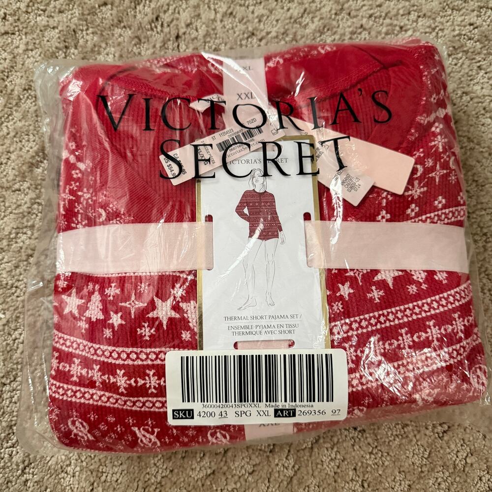 Victoria's Secret Red Plaid Thermal Long Sleeve Shorts Pajama Set - Size XXL - Picture 2 of 3